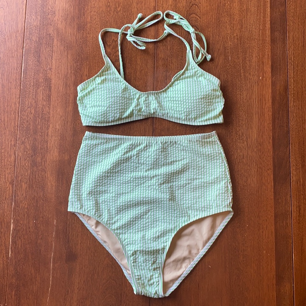 High waisted green and white striped swimsuit